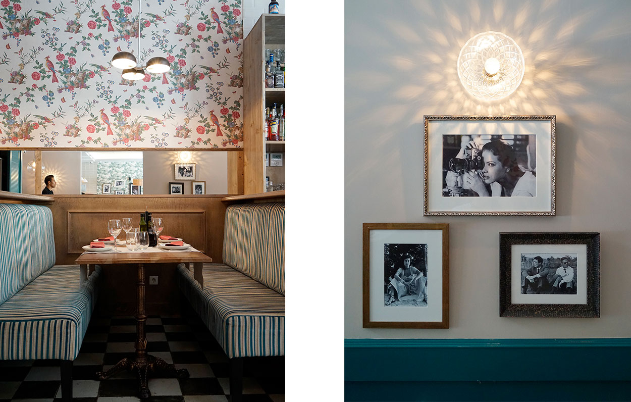 Dos imágenes de detalles del restaurante. Los bancos corridos con telas rayadas y frontal de madera con espejo. Juego de marcos con personajes italianos en blanco y negro