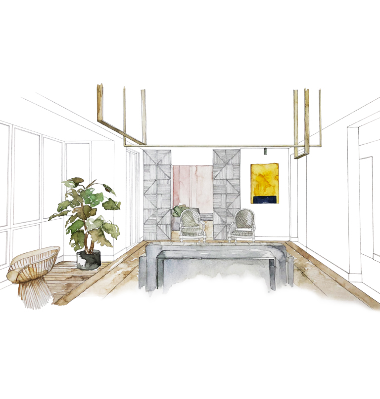Dibujo en acuarelas de proyecto interiorismo y decoración de Blume Studio